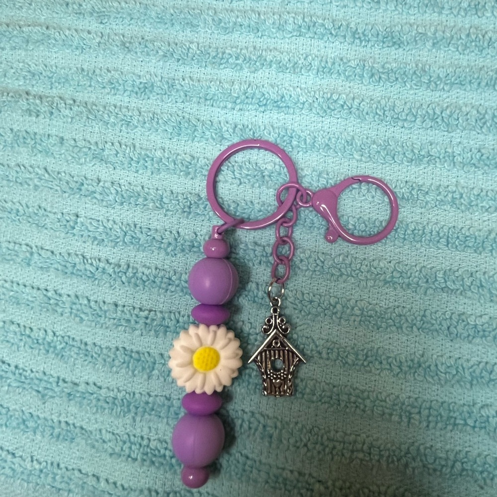 Purple Beaded Keychain with Daisy and Birdhouse Charm